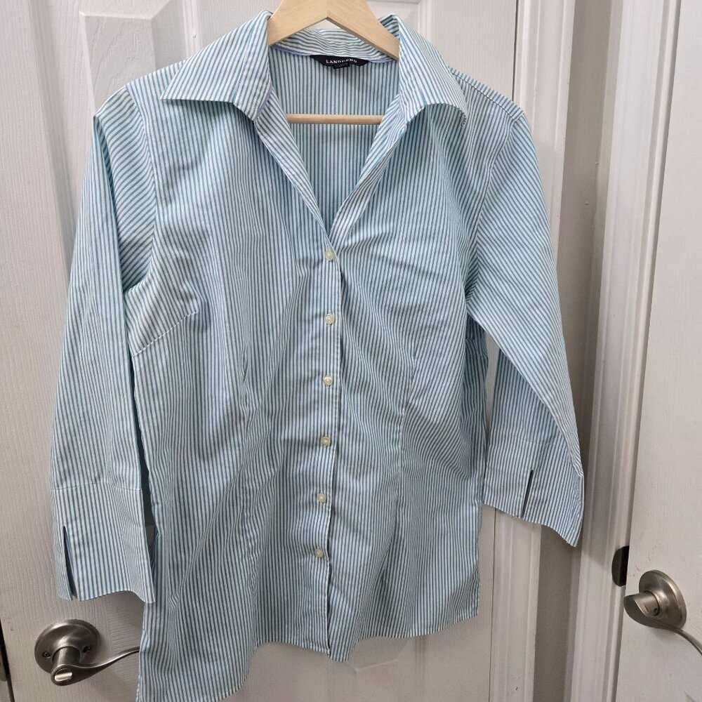 Lands' End Button Up Shirt Womens 10T Tall Blue White Stripes 3/4 sleeves Office